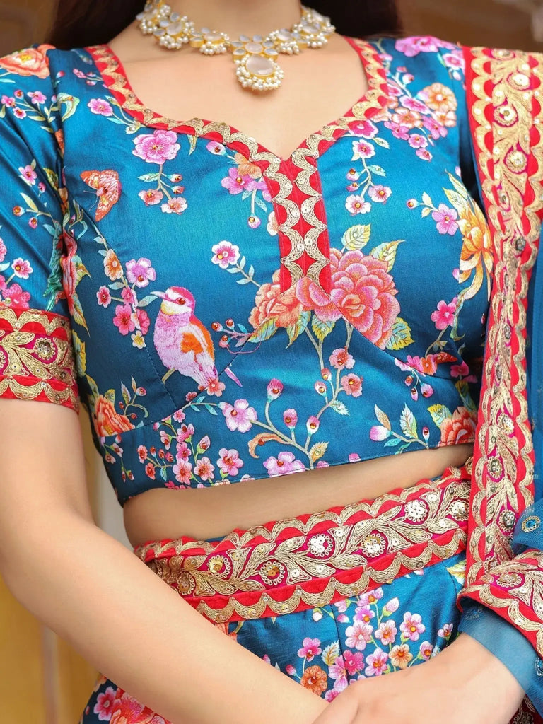 Wonderful Blue Floral Printed Art Silk Event Wear Lehenga Choli - Ethnic Plus In