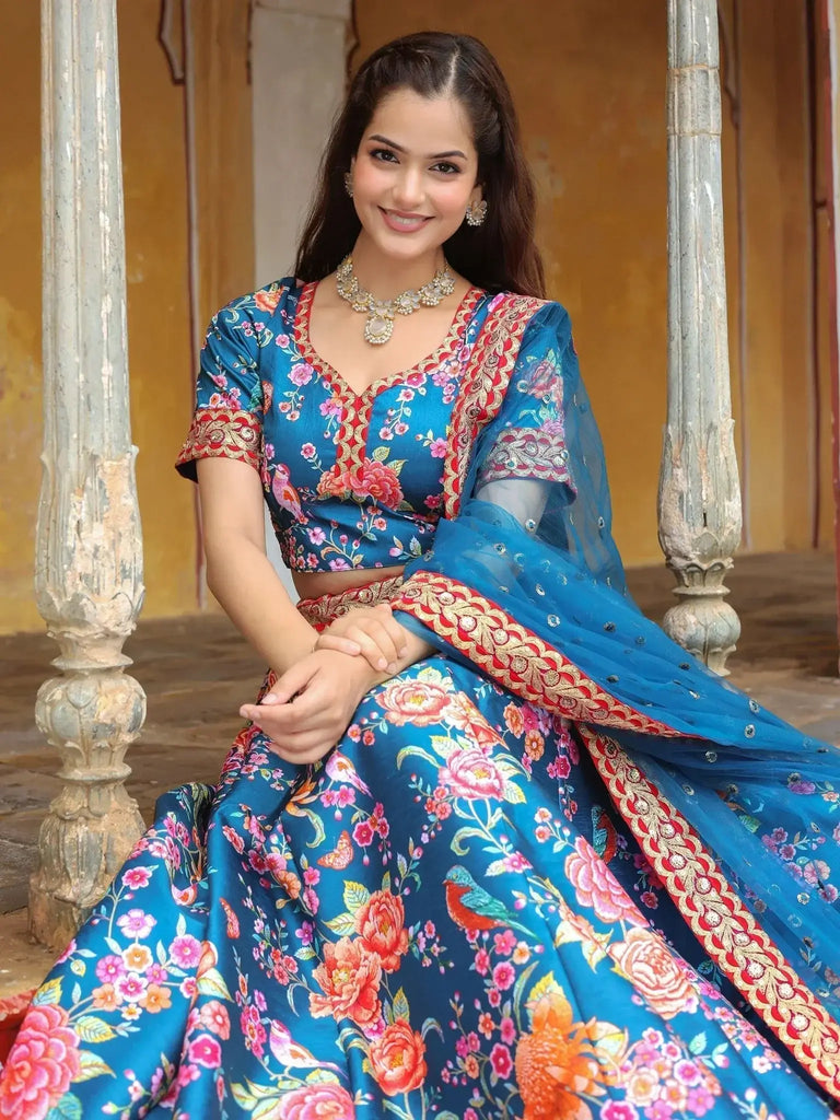 Wonderful Blue Floral Printed Art Silk Event Wear Lehenga Choli - Ethnic Plus In