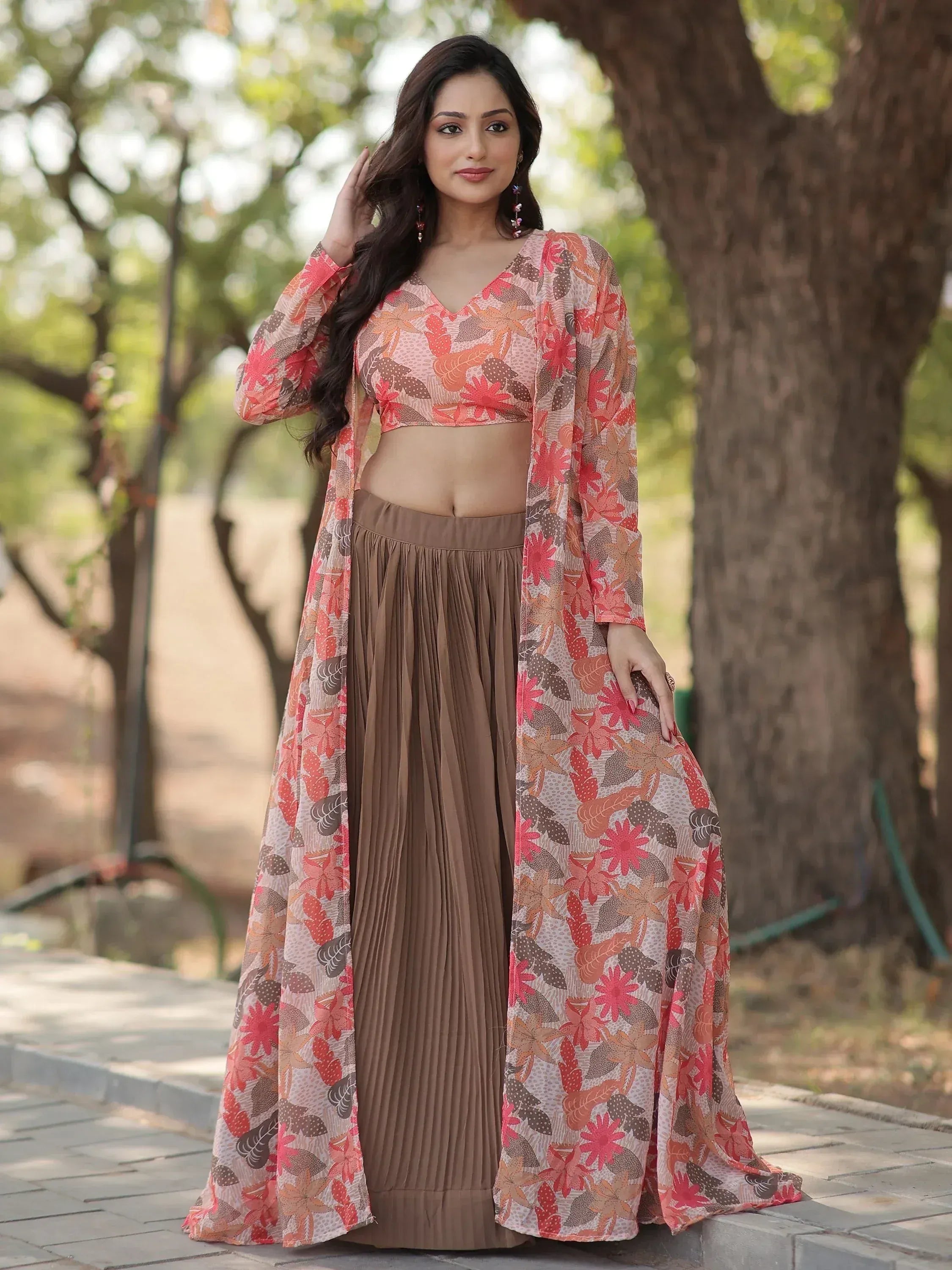 Floral printed ethnic crop top with pleated skirt and long jacket, perfect for Indian occasions