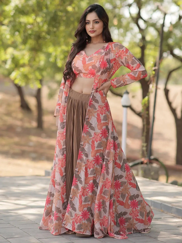 Wonderful Brown Georgette Function Wear Crop Top Lehenga With Jacket - Ethnic Plus In