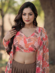Wonderful Brown Georgette Function Wear Crop Top Lehenga With Jacket - Ethnic Plus In