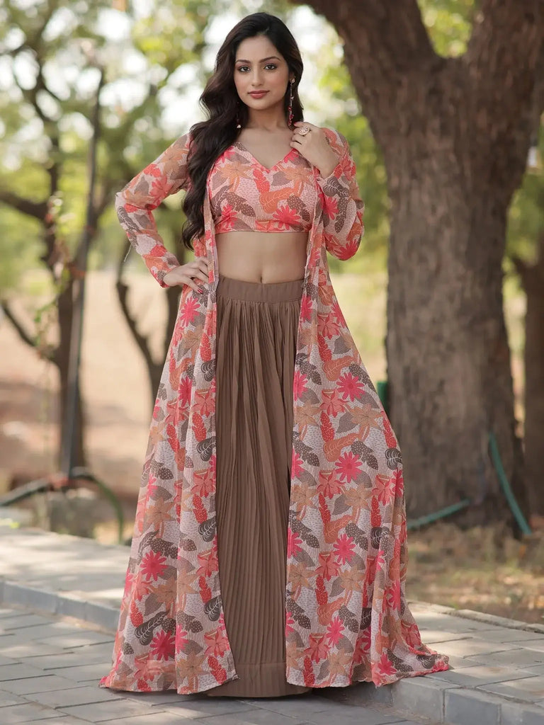 Wonderful Brown Georgette Function Wear Crop Top Lehenga With Jacket - Ethnic Plus In