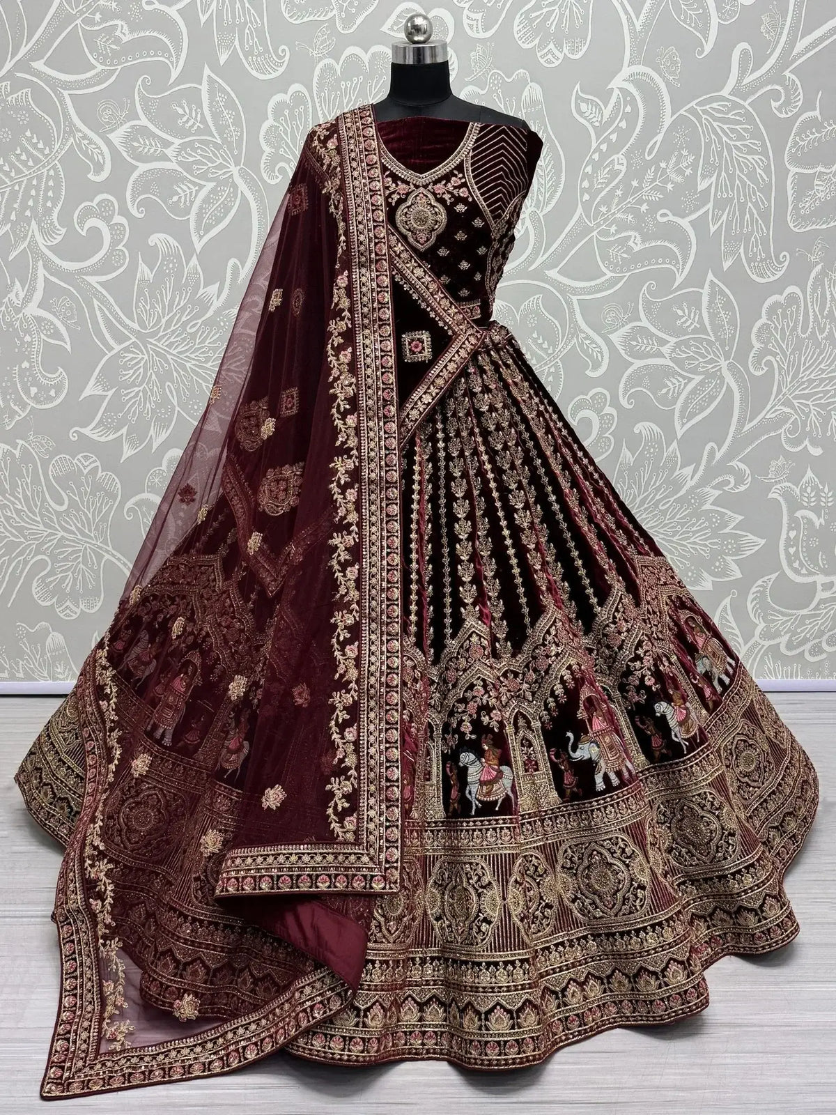 Wonderful Dark Maroon Velvet Bridal Lehenga Choli With Double Dupatta - Ethnic Plus In
