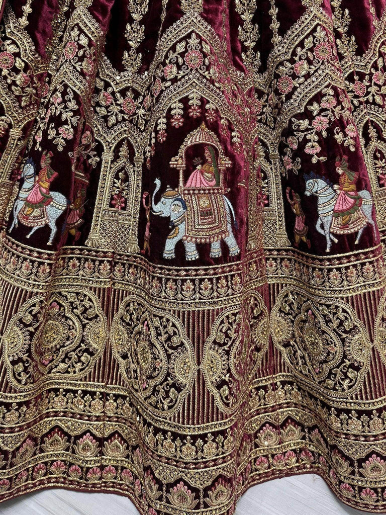 Wonderful Dark Maroon Velvet Bridal Lehenga Choli With Double Dupatta - Ethnic Plus In