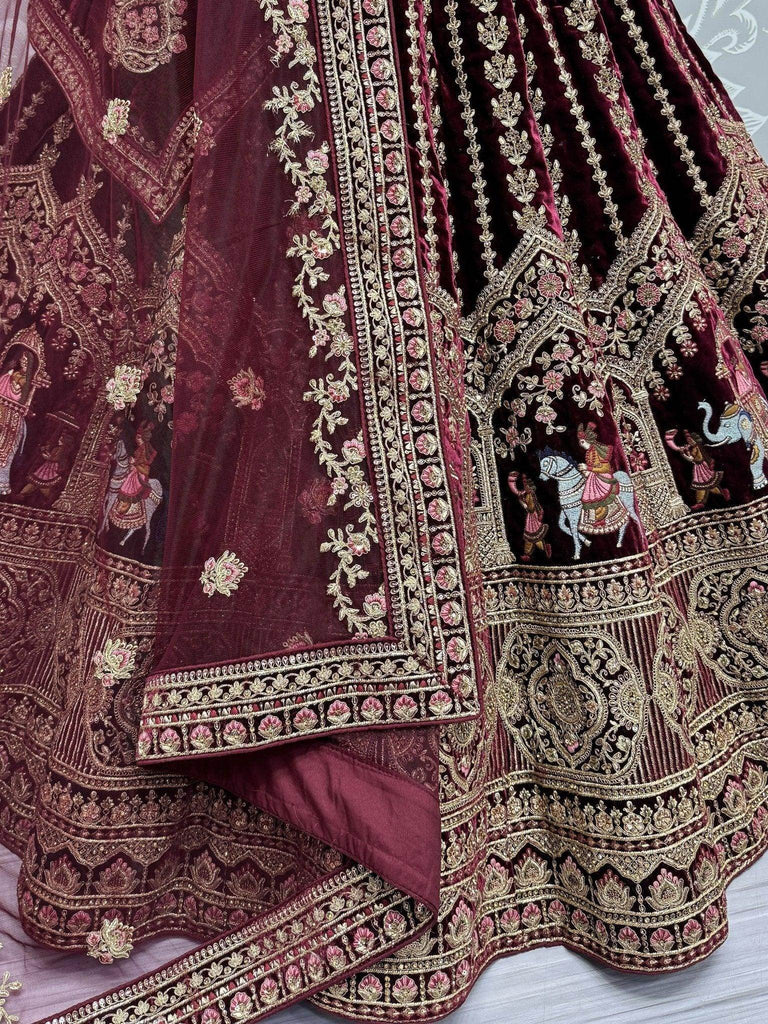 Wonderful Dark Maroon Velvet Bridal Lehenga Choli With Double Dupatta - Ethnic Plus In