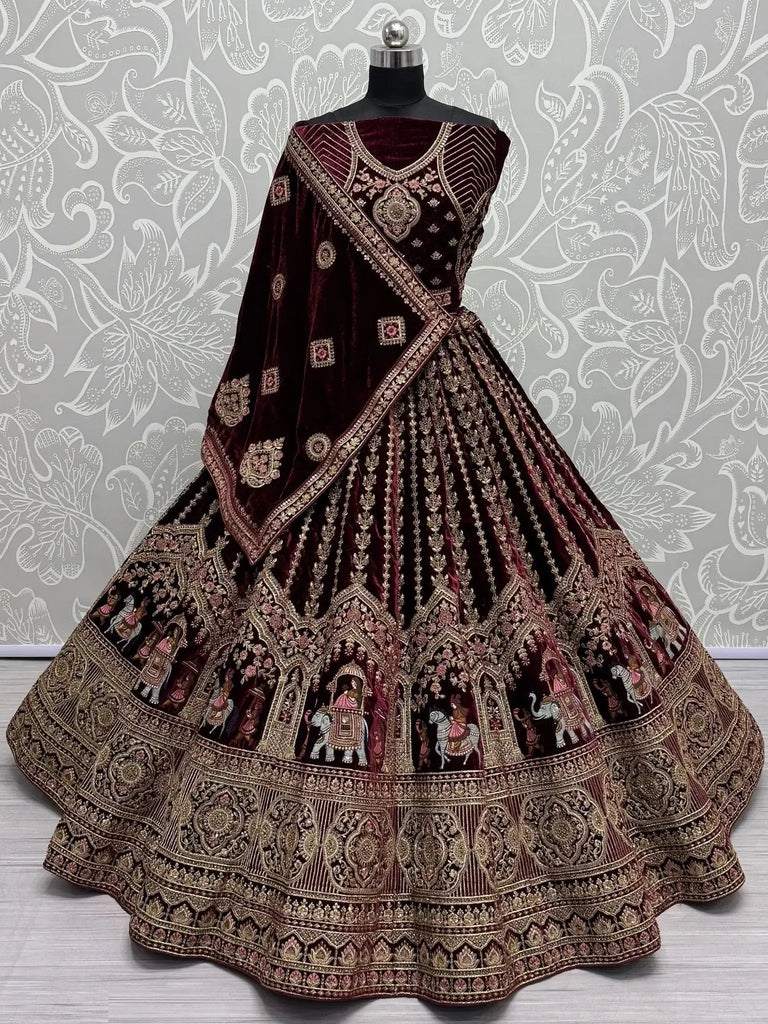 Wonderful Dark Maroon Velvet Bridal Lehenga Choli With Double Dupatta - Ethnic Plus In