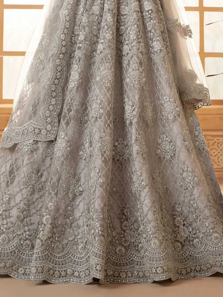 Wonderful Grey Embroidered Net Engagement Wear Lehenga Choli - Ethnic Plus In