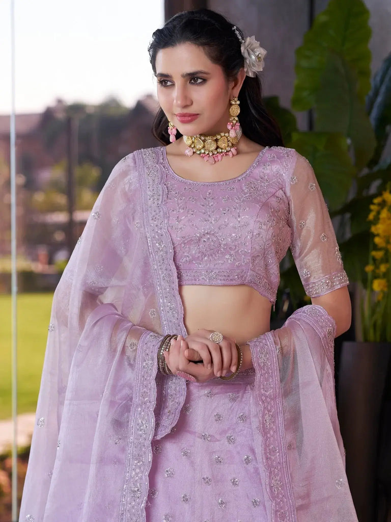 Wonderful Lavender Jarkan Work Organza Designer Lehenga Choli - Ethnic Plus In