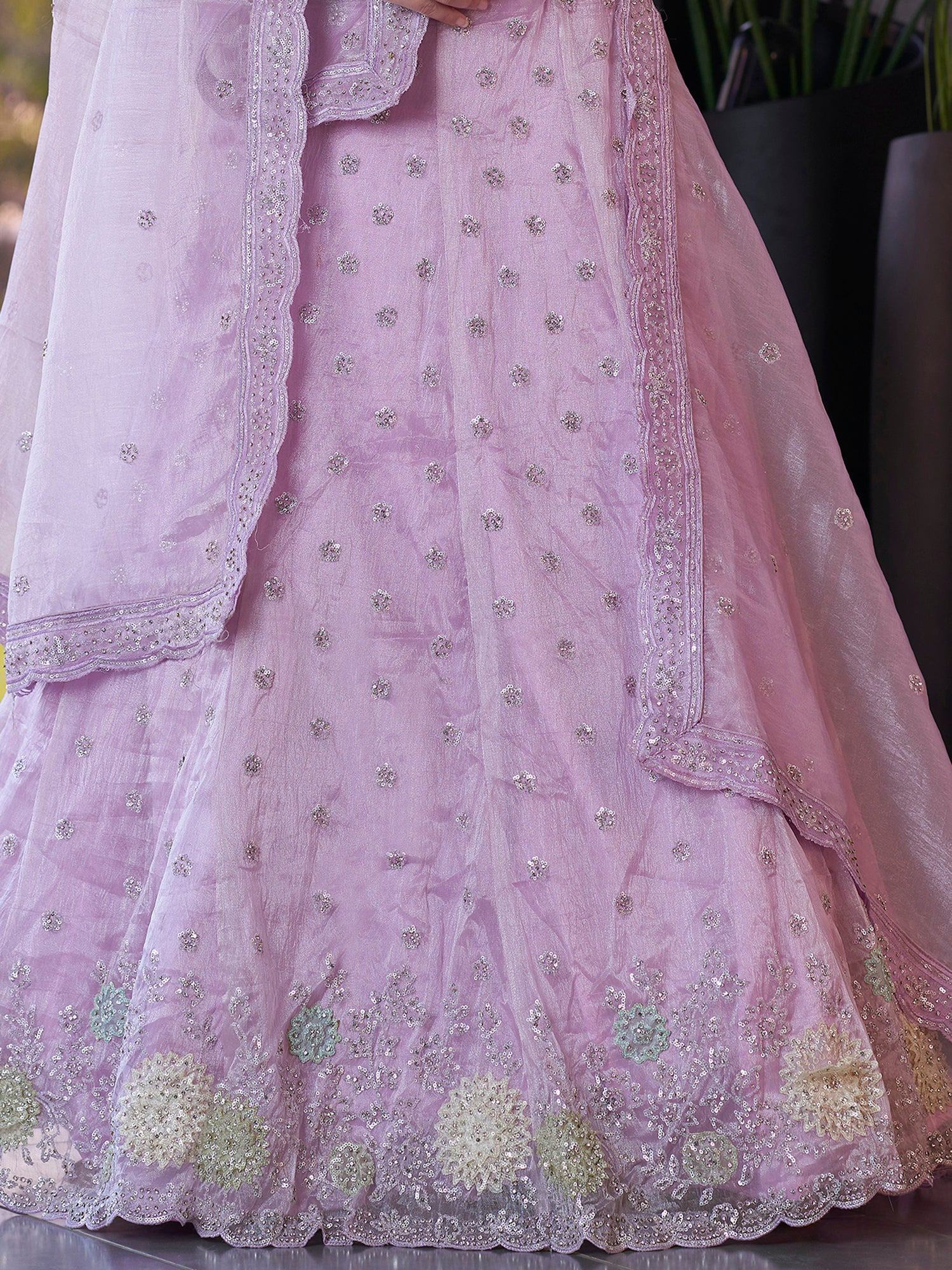 Lavender designer lehenga choli with floral embroidery and sequin work, perfect for Indian ethnic occasions.