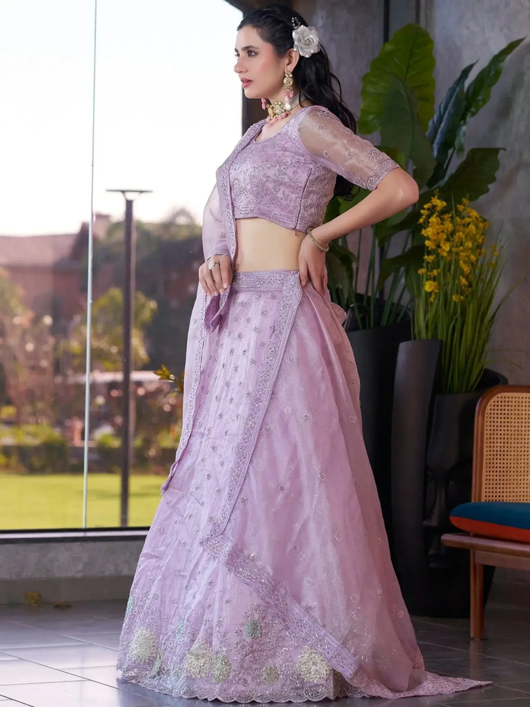 Wonderful Lavender Jarkan Work Organza Designer Lehenga Choli - Ethnic Plus In