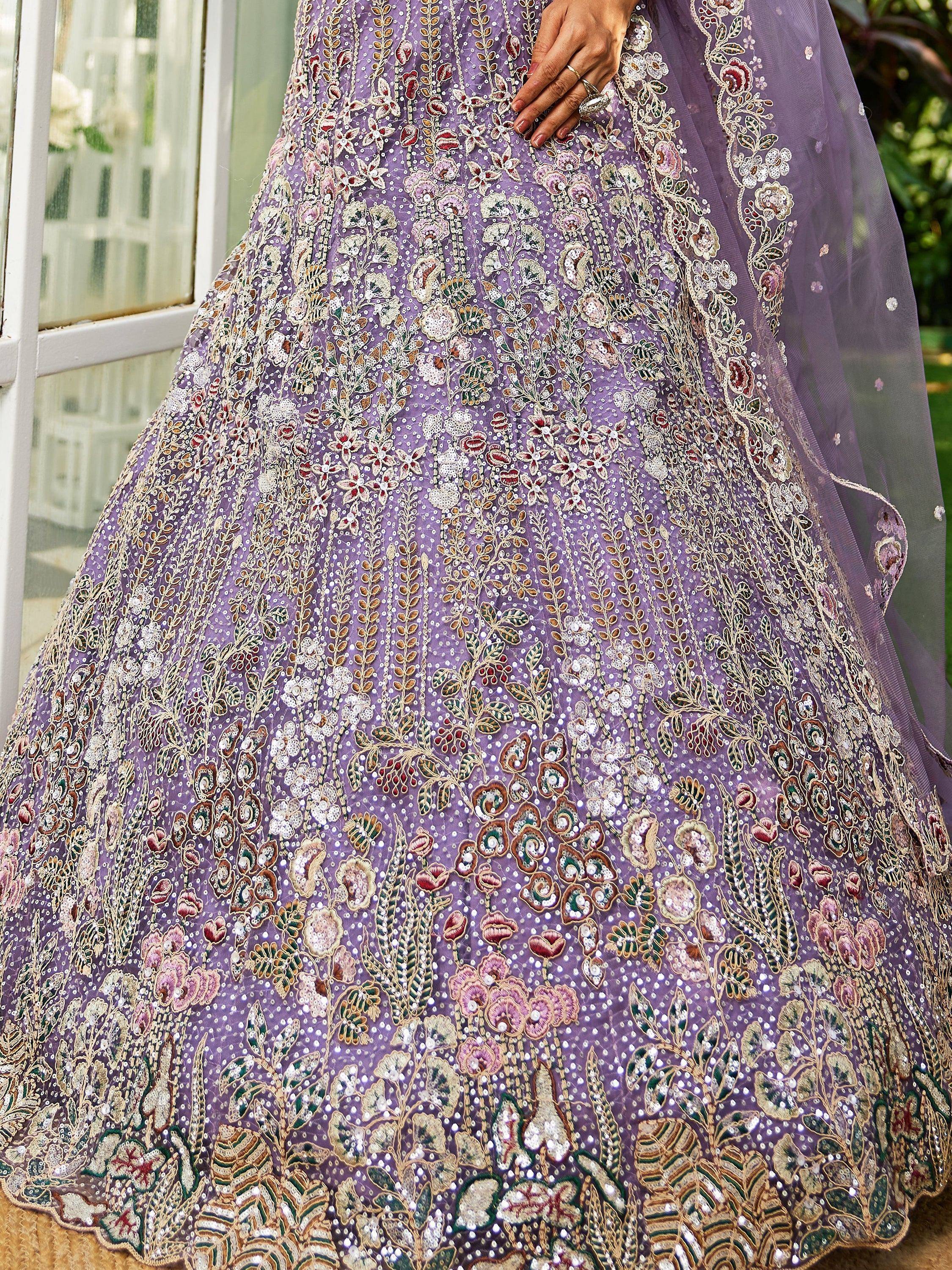 Lavender designer lehenga with intricate floral embroidery and sequin detailing for Indian ethnic wear