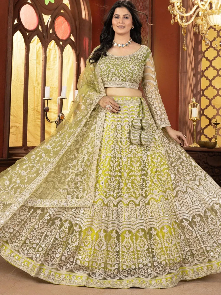 Wonderful Mint Green Sequins Georgette Lehenga Choli With Dupatta - Ethnic Plus In