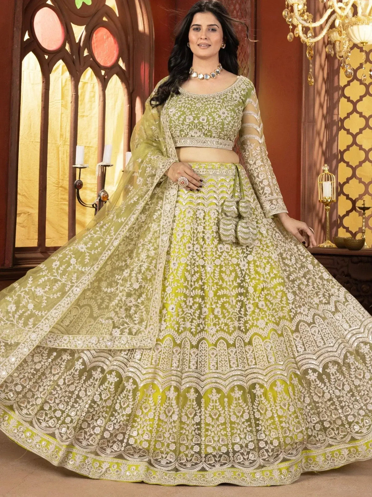 Wonderful Mint Green Sequins Georgette Lehenga Choli With Dupatta - Ethnic Plus In