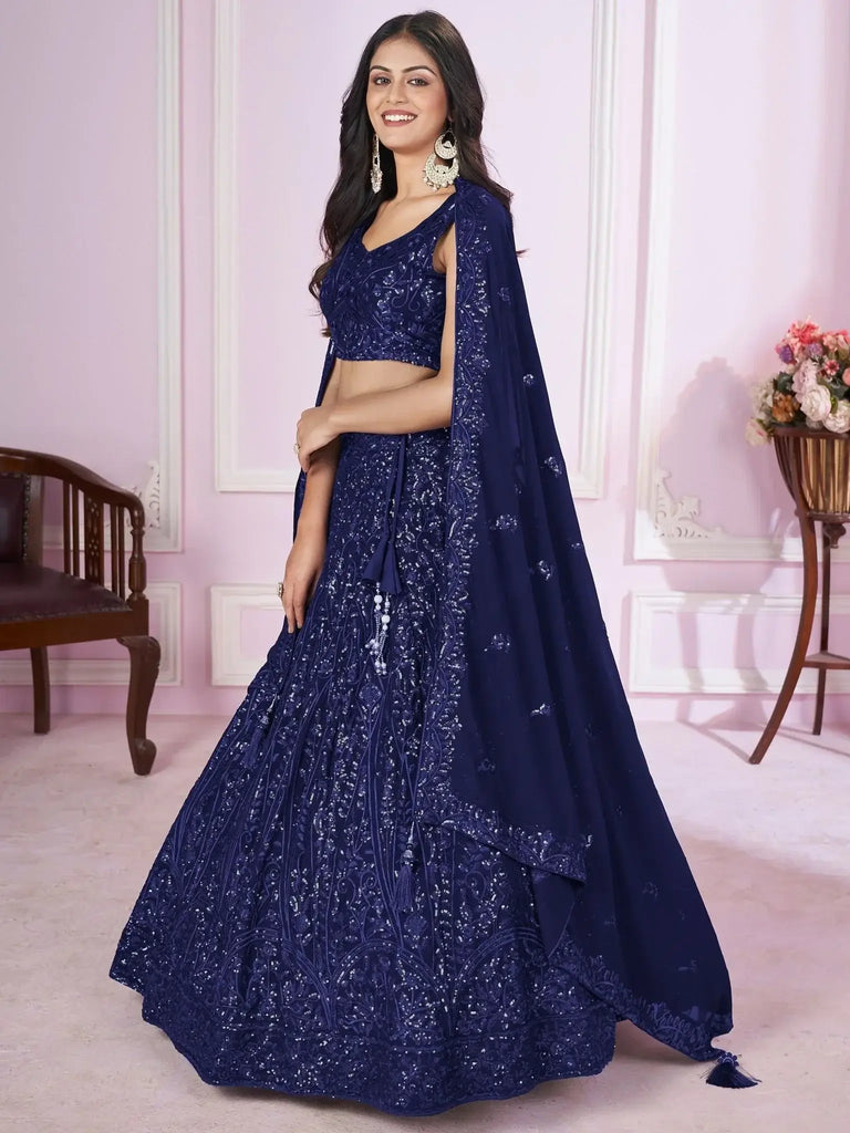 Wonderful Navy Blue Sequins Georgette Wedding Wear Lehenga Choli - Ethnic Plus In
