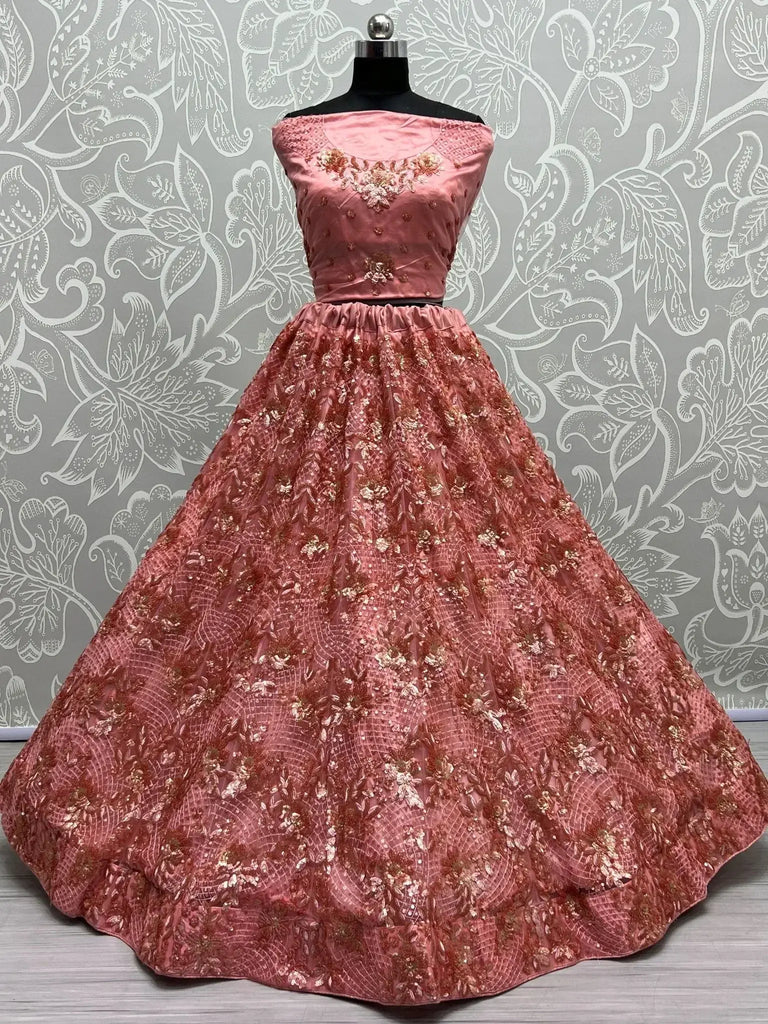 Wonderful Peach Sequins Net Bridesmaid Lehenga Choli With Dupatta - Ethnic Plus In