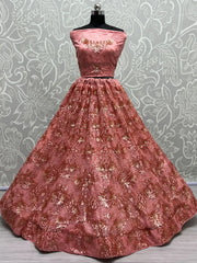 Wonderful Peach Sequins Net Bridesmaid Lehenga Choli With Dupatta - Ethnic Plus In