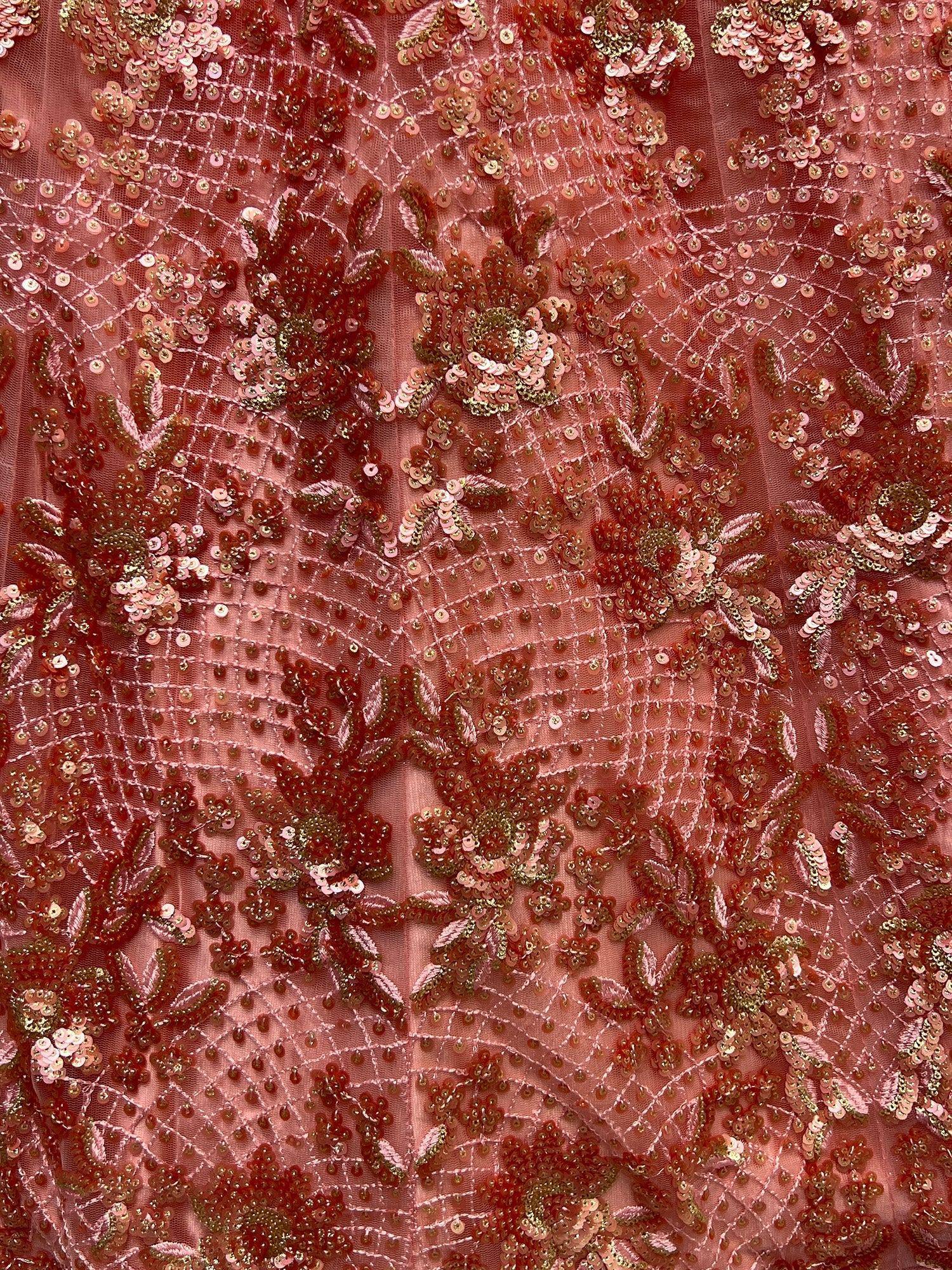 Pink sequin floral embroidery on sheer fabric for ethnic wear
