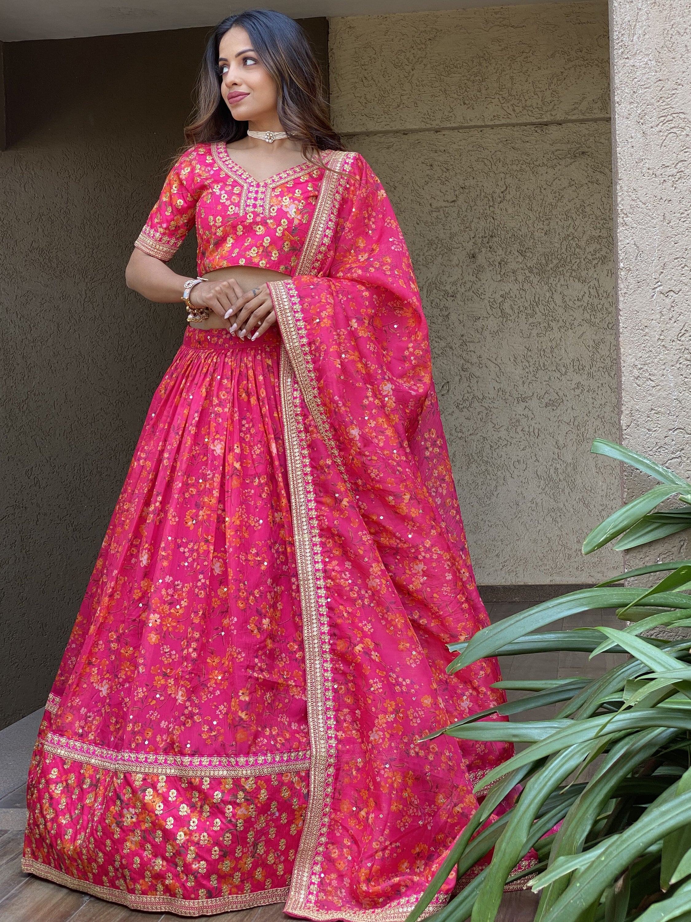 Pink floral lehenga choli with gold embroidery, perfect for Indian ethnic occasions