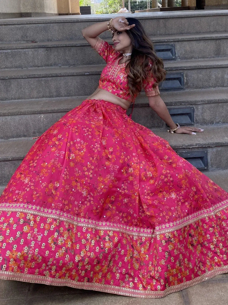 Wonderful Pink Floral Printed Organza Lehenga Choli With Dupatta - Ethnic Plus In