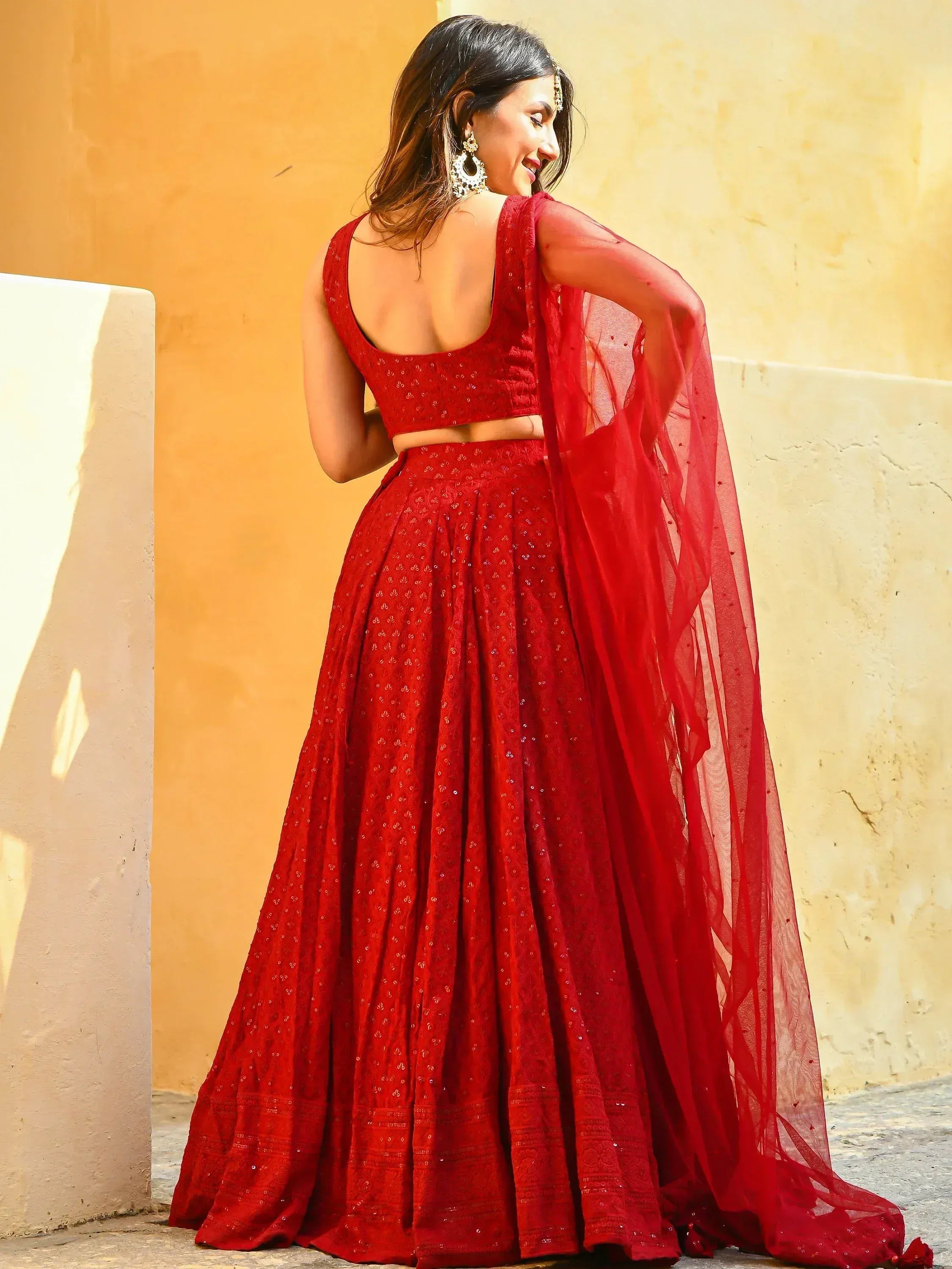 Red embroidered lehenga choli with sheer dupatta, Indian ethnic wear for weddings and festivals