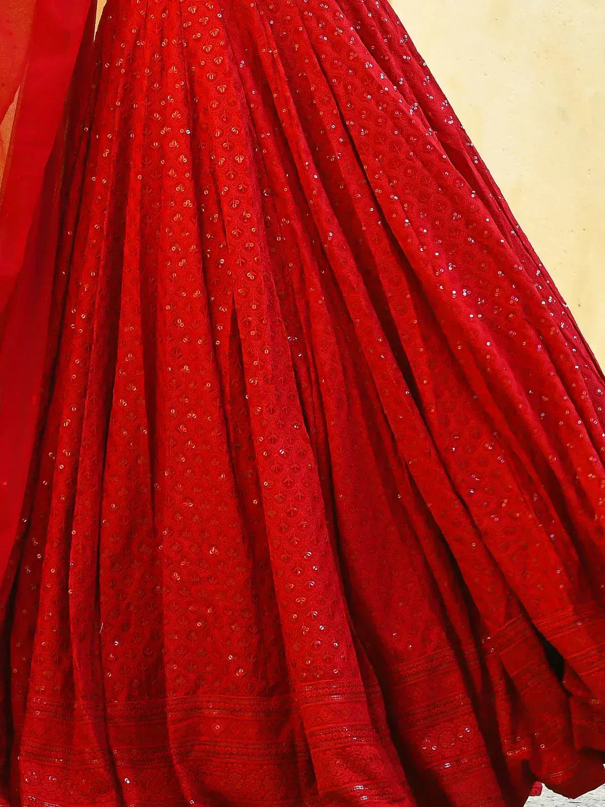 Red embroidered lehenga skirt with sequin detailing, Indian ethnic wear