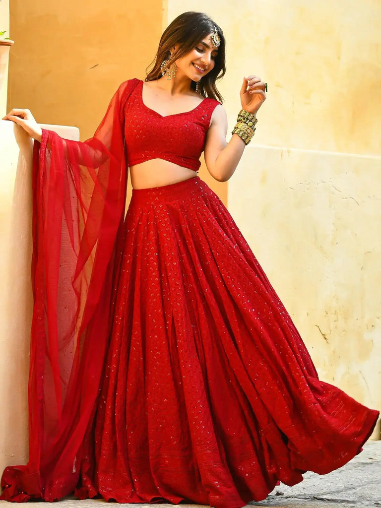 Wonderful Red Sequins Georgette Sangeet Wear Lehenga Choli - Ethnic Plus In