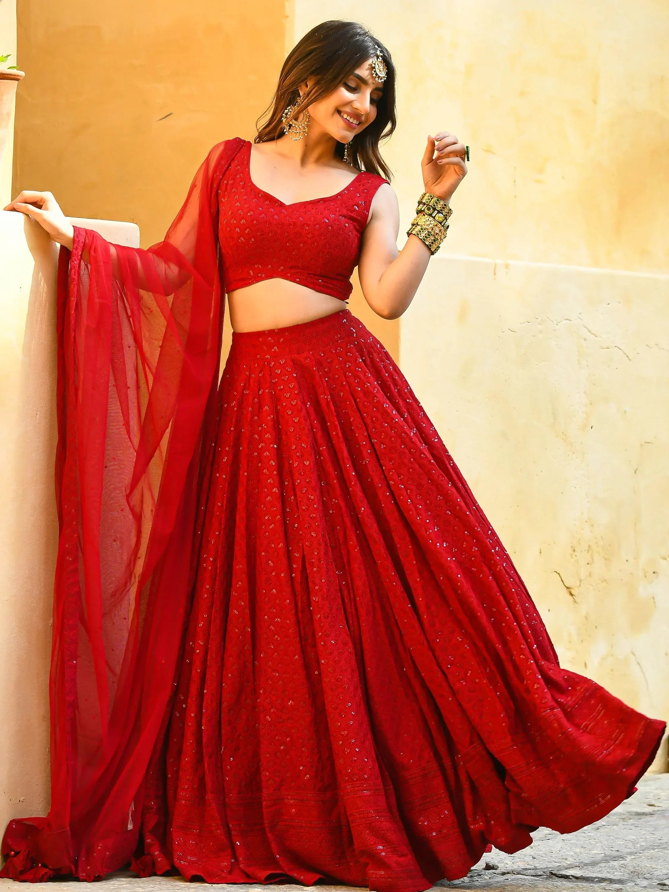 Red embroidered lehenga choli with sheer dupatta, Indian ethnic wear for weddings and festivals