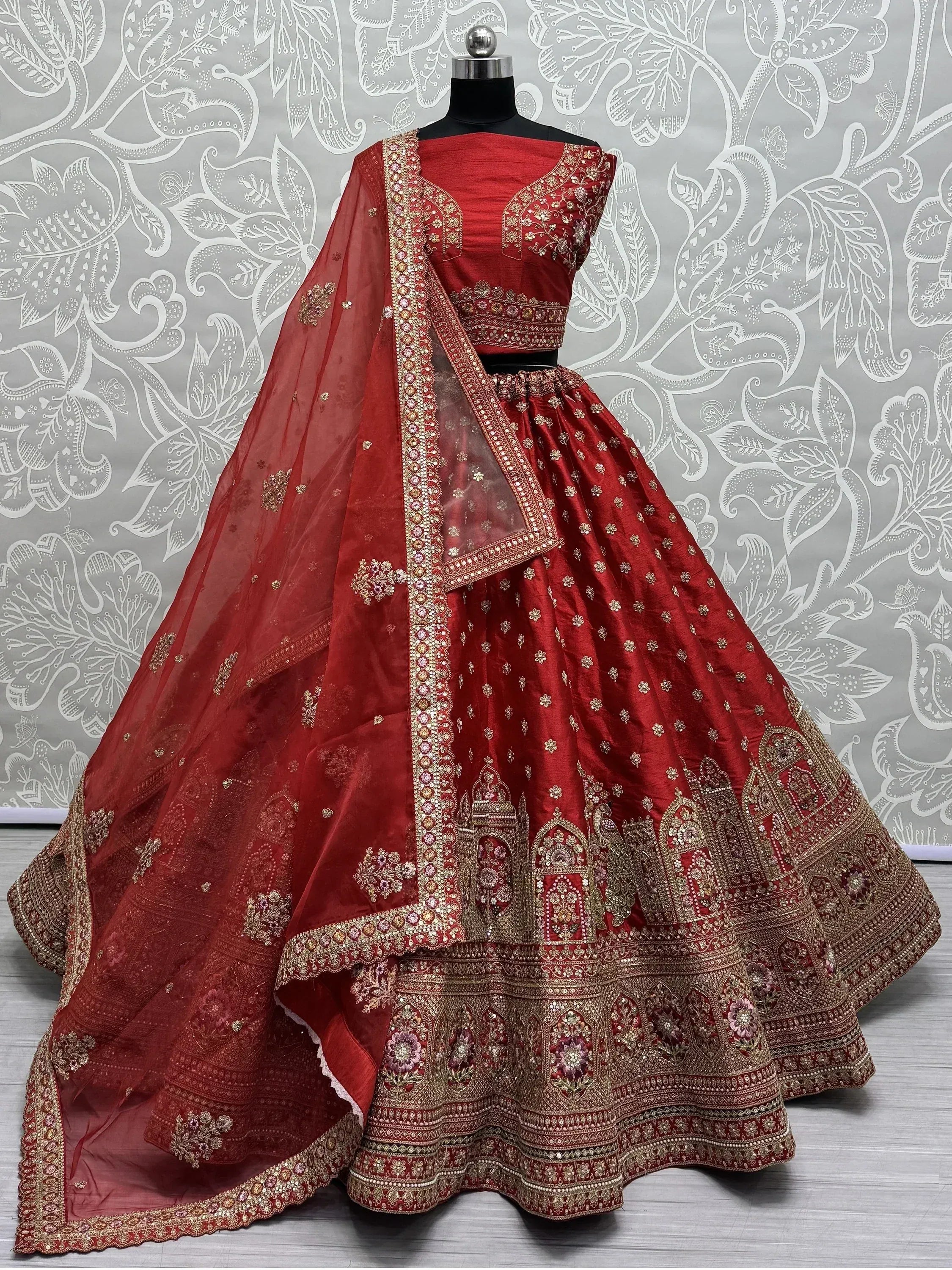 Red designer lehenga choli with gold embroidery and dupatta, Indian ethnic wear for weddings