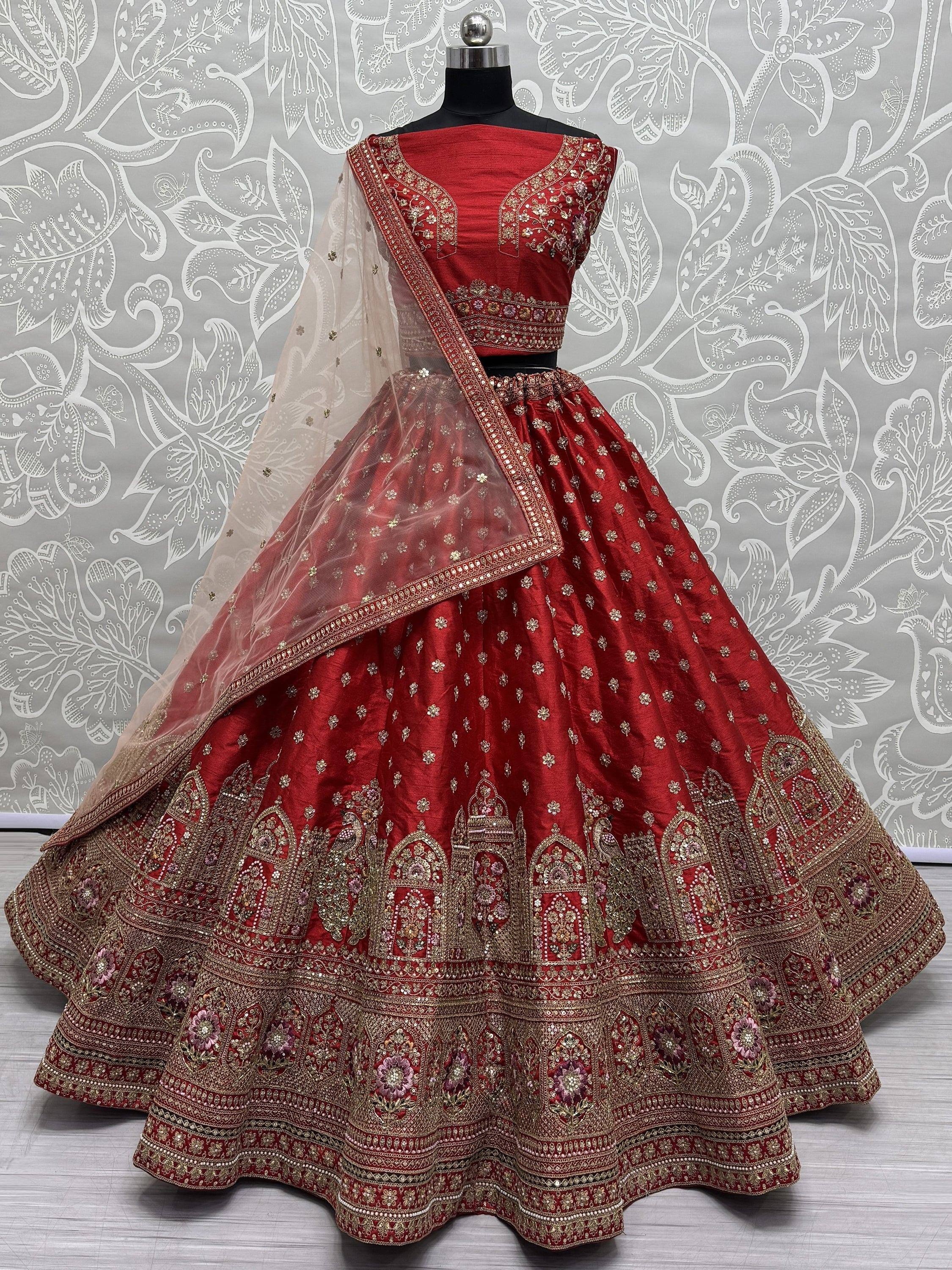 Red embroidered lehenga choli with gold detailing and sheer dupatta, Indian ethnic wear