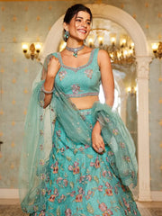 Wonderful Sea Green Embroidered Net Engagement Wear Lehenga Choli - Ethnic Plus In