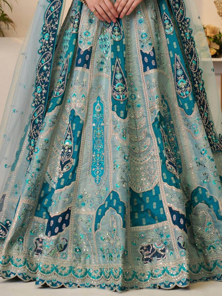 Wonderful Sky - Blue Thread Embroidery Banarasi Silk Wedding Lehenga Choli - Ethnic Plus In