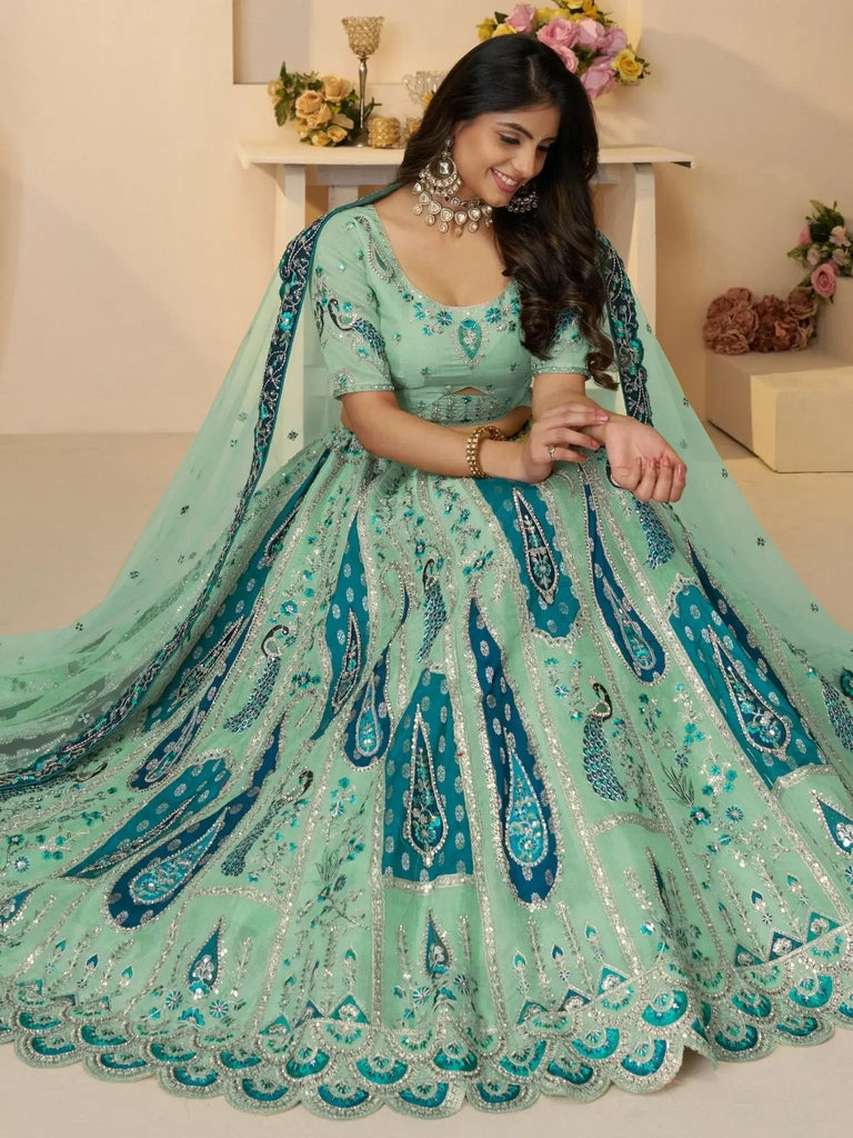 Wonderful Sky - Blue Thread Work Banarasi Silk Bridesmaid Lehenga Choli - Ethnic Plus In