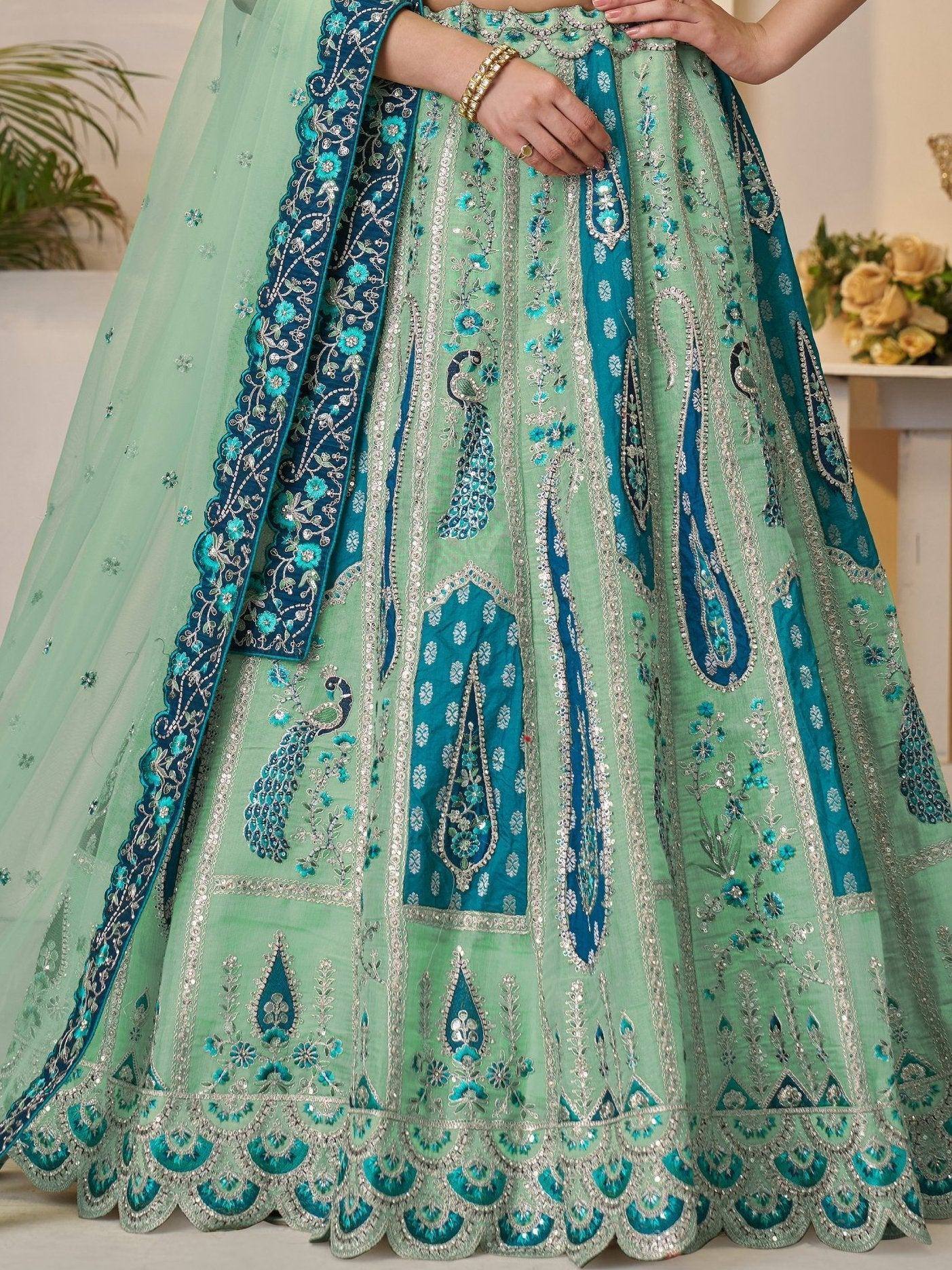 Mint green lehenga choli with peacock embroidery and blue dupatta, Indian ethnic wear