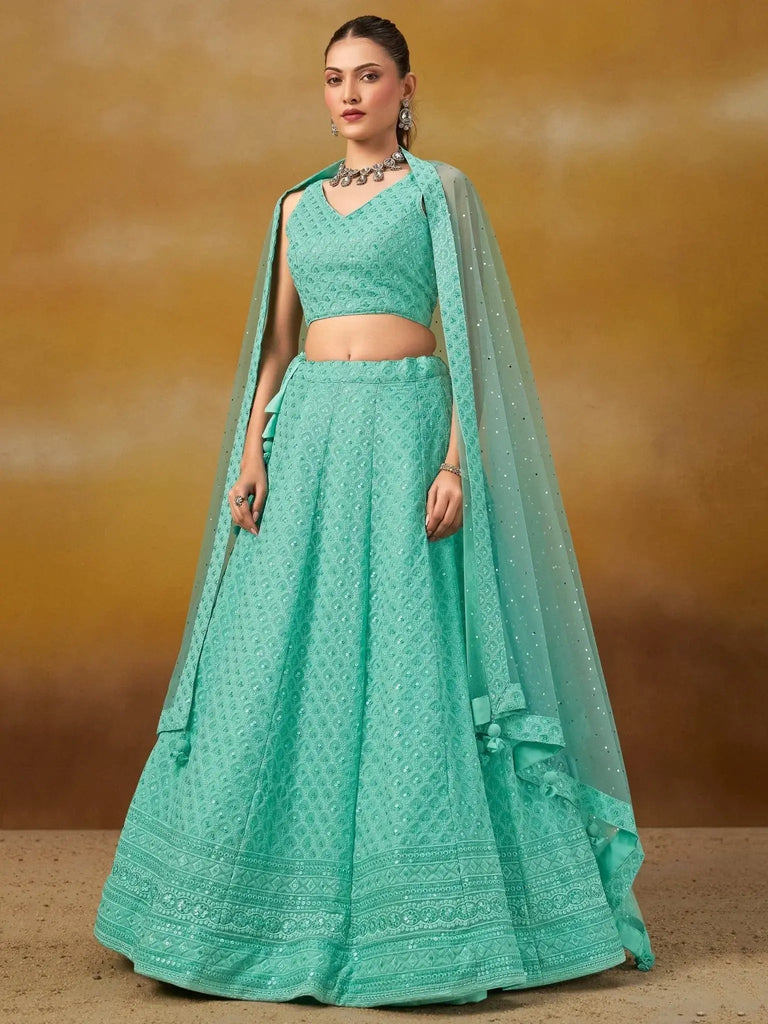 Wonderful Sky - Blue Thread Work Georgette Wedding Wear Lehenga Choli - Ethnic Plus In