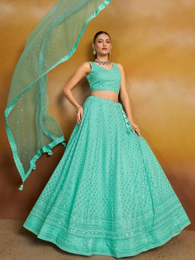 Wonderful Sky - Blue Thread Work Georgette Wedding Wear Lehenga Choli - Ethnic Plus In