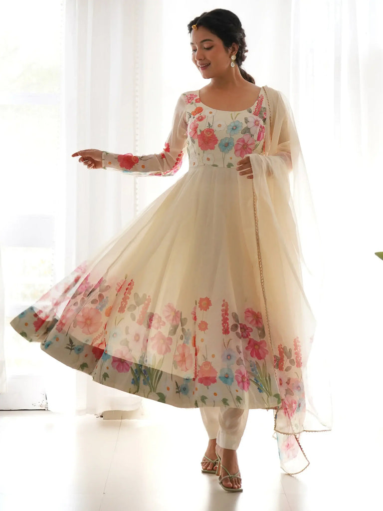 Wonderful Cream Floral Printed Organza Traditional Anarkali Suit