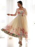 Wonderful Cream Floral Printed Organza Traditional Anarkali Suit