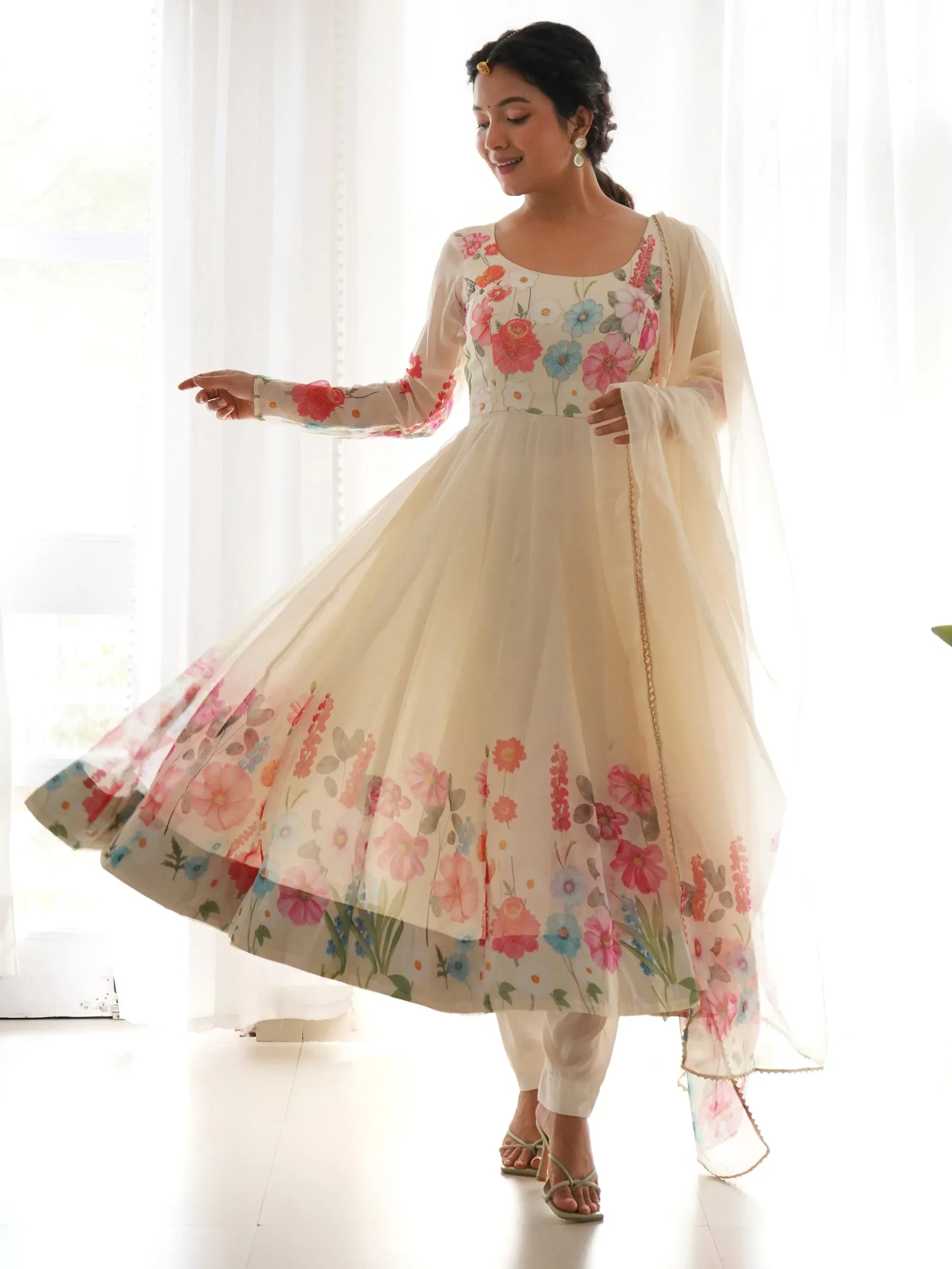 Wonderful Cream Floral Printed Organza Traditional Anarkali Suit