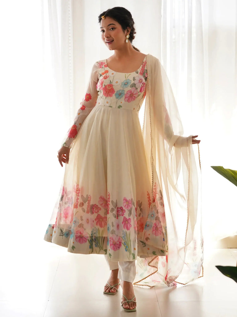 Wonderful Cream Floral Printed Organza Traditional Anarkali Suit