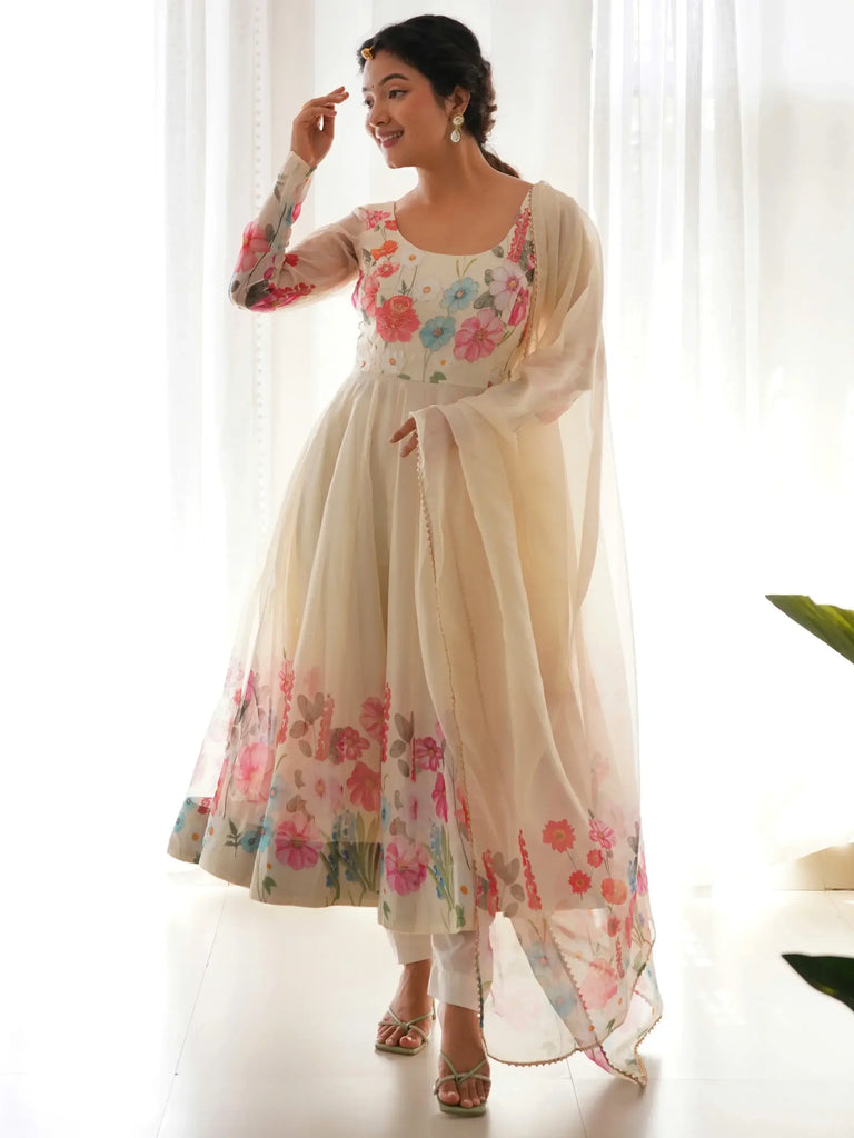 Wonderful Cream Floral Printed Organza Traditional Anarkali Suit