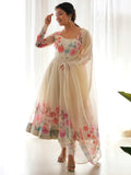 Wonderful Cream Floral Printed Organza Traditional Anarkali Suit