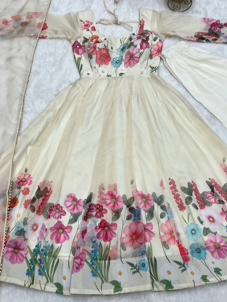 Wonderful Cream Floral Printed Organza Traditional Anarkali Suit