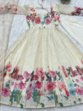 Wonderful Cream Floral Printed Organza Traditional Anarkali Suit