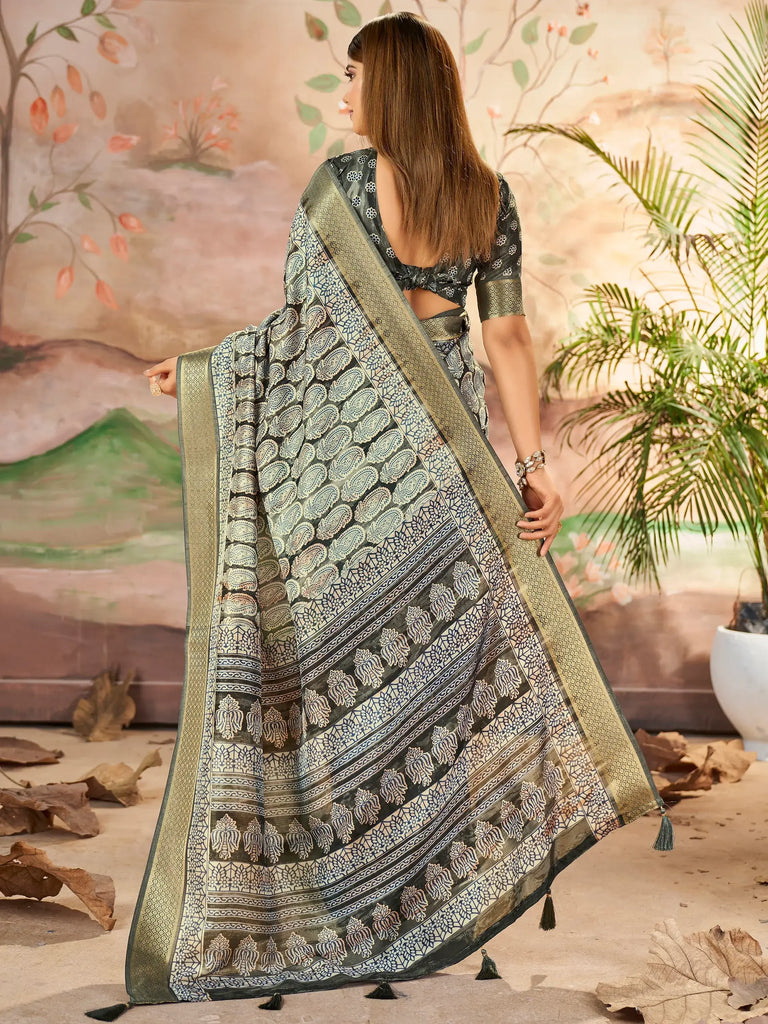 Wonderful Grey Printed Dola Silk Office Wear Saree With Blouse