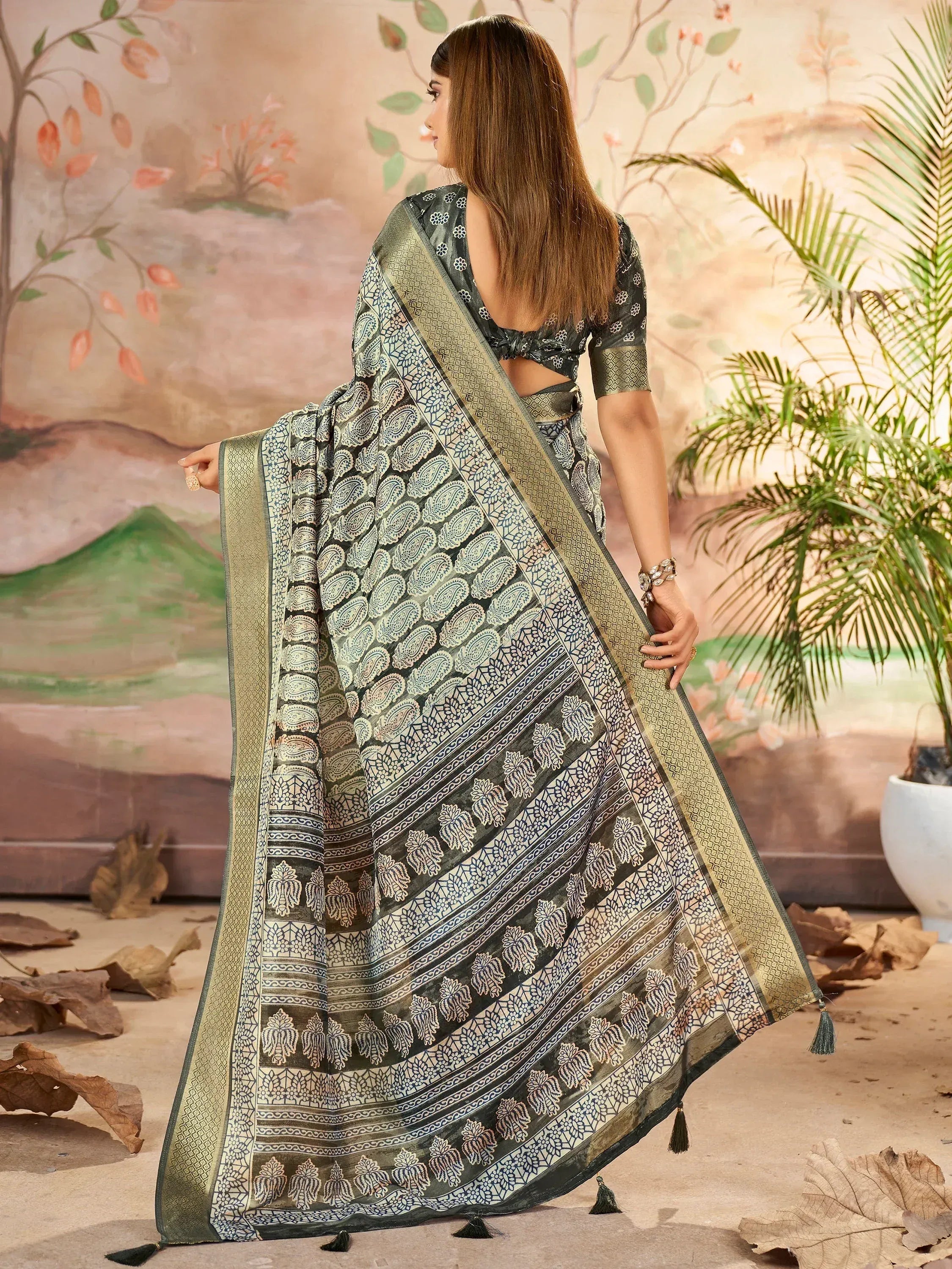 Wonderful Grey Printed Dola Silk Office Wear Saree With Blouse