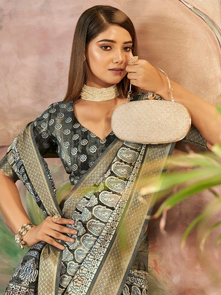 Wonderful Grey Printed Dola Silk Office Wear Saree With Blouse