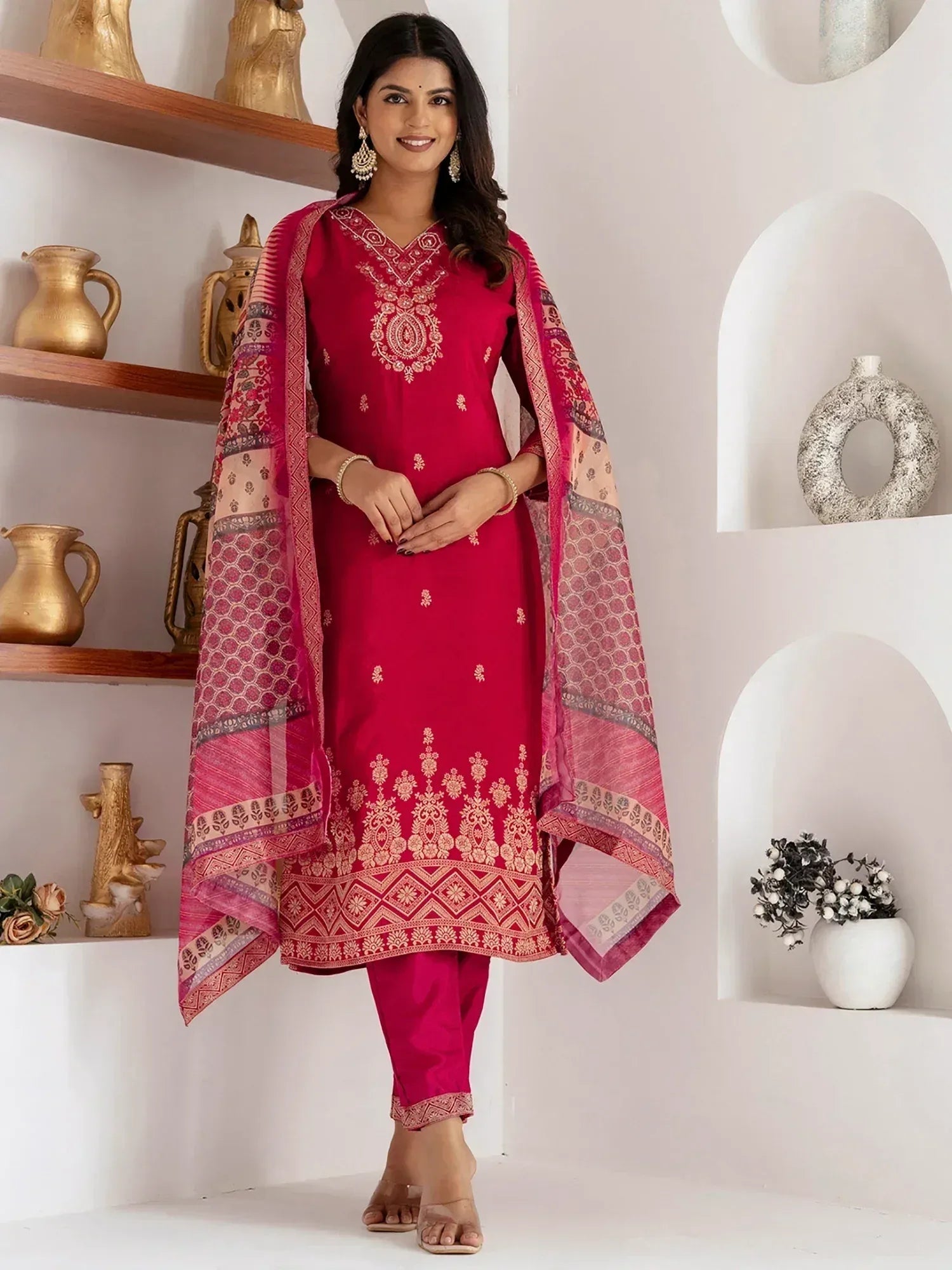 Red embroidered salwar kameez with matching dupatta, Indian ethnic wear for women