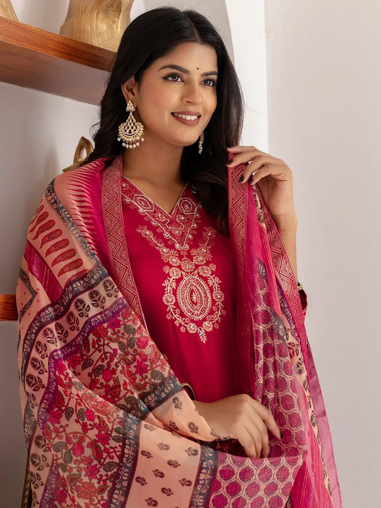Wonderful Pink Zari Weaving Jacquard Event Wear Pant Suit