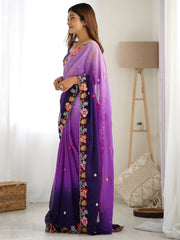 Wonderful Purple Thread Embroidered Georgette Saree With Blouse