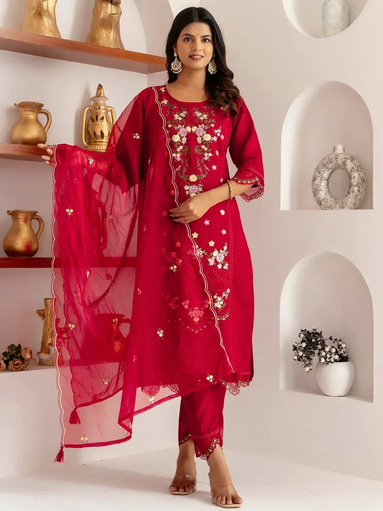 Red embroidered salwar kameez with floral design and matching dupatta, Indian ethnic wear